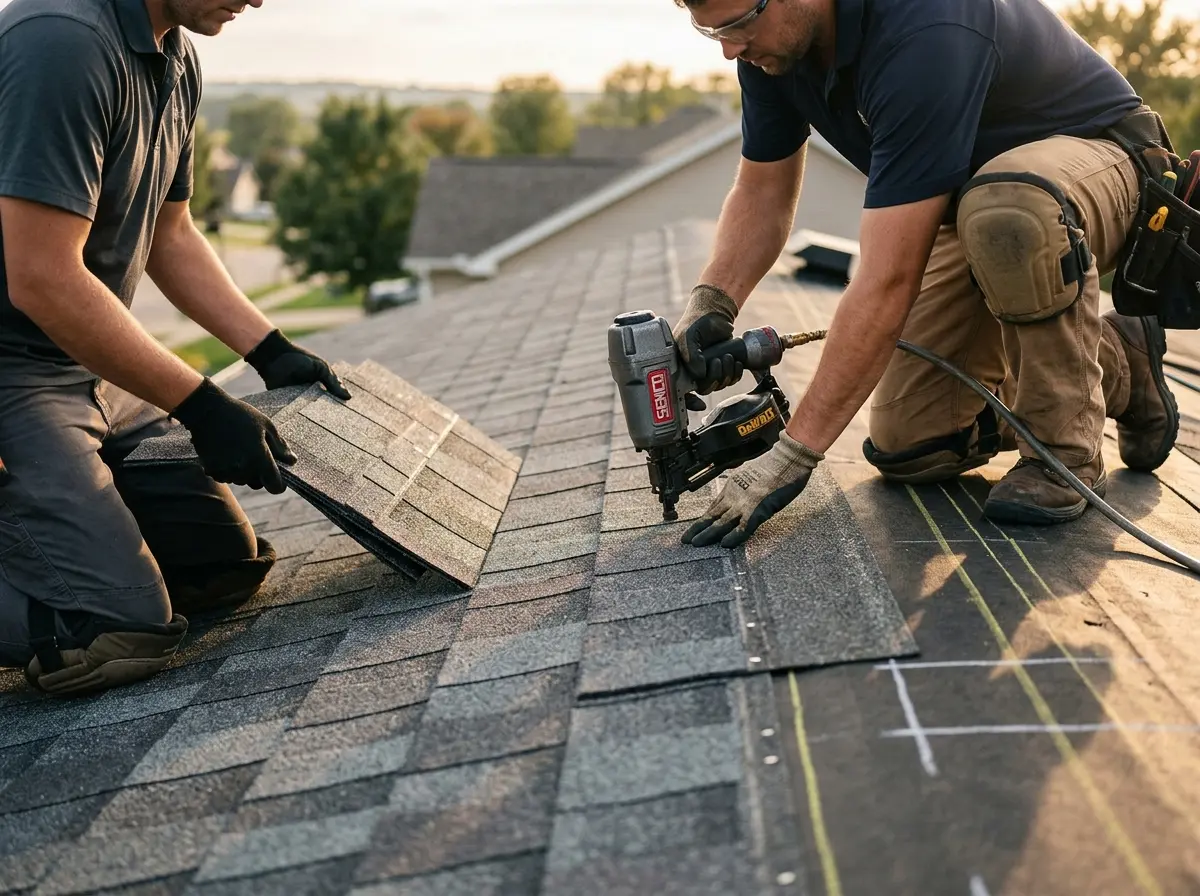 Professional roofer working on a residential roof in Mount Vernon